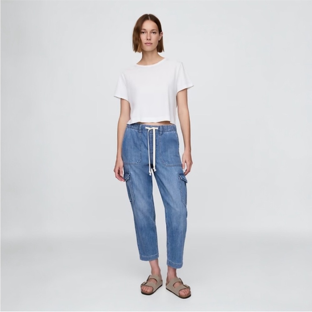 NWT Gap Denim Easy Cargo Jean Joggers, drawstring tie waist, relaxed small 4
